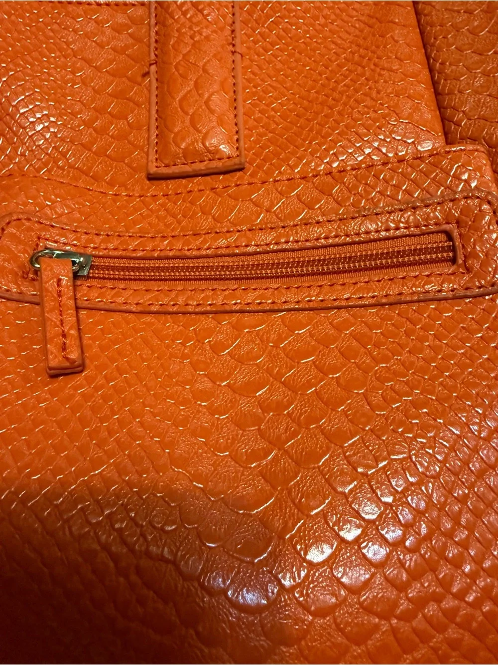 Orange Textured Tote Bag with Front Zip Pockets - Women